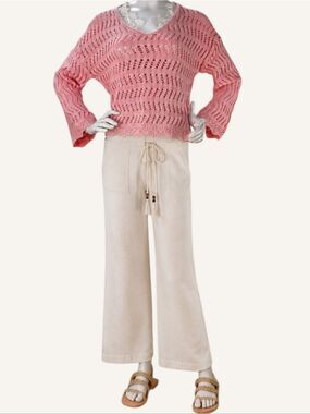 DEX Pink Crochet Knit Scallop Hem Sweater Coastal Chic Boho Small NWT